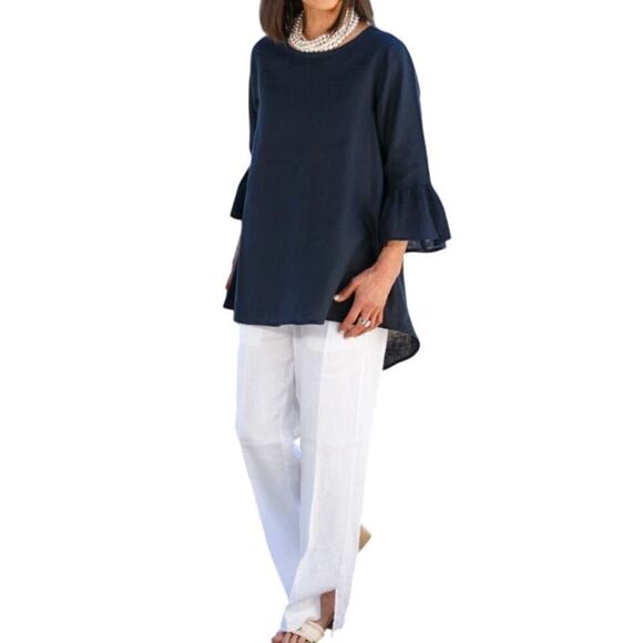 CROWN LINEN DESIGNS NAVY BELLA BELL SLEEVE TUNIC SIZE L NWT - Picture 1 of 10